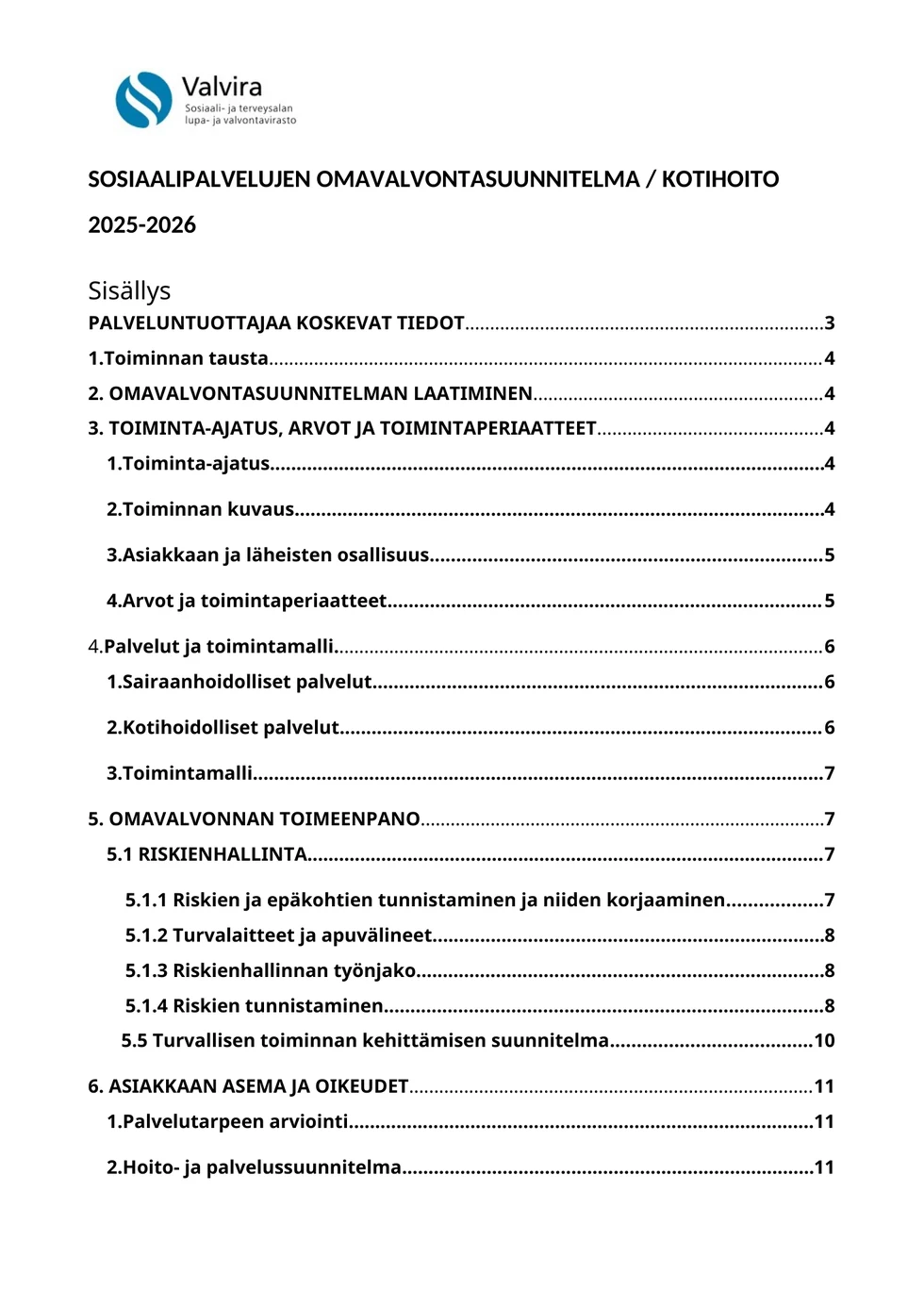 Omavalvontasuunnitelman ensimmäisen sivun esikatselu